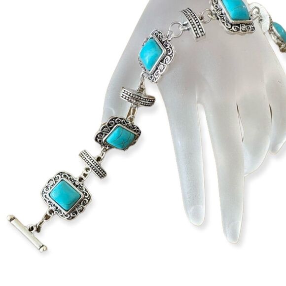 Silver Filagree Turquoise Links Western Bracelet Jewelry NEW - Picture 1 of 4